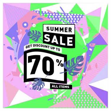 Yaz satış memphis tarzı web afiş. Moda ve seyahat poster indirim. Vektör tatil soyut renkli resimde kampanya ve promosyon.