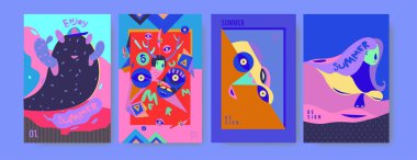 Yaz illüstrasyon poster, kapak ve reklam için kümesi. Retro ve vintage yaz tasarlamak. Yaz tatil arka plan şablonu 