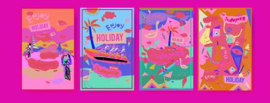 Yaz illüstrasyon poster, kapak ve reklam için kümesi. Retro ve vintage yaz tasarlamak. Yaz tatil arka plan şablonu 