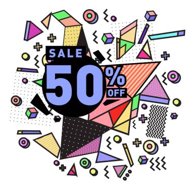 Yaz satış memphis tarzı web afiş. Moda ve seyahat poster indirim. Vektör tatil soyut renkli resimde kampanya ve promosyon.