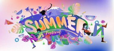 Yaz afiş renkli doodle arka plan ile. Olay ve satış promosyon posteri için tasarım şablonu.