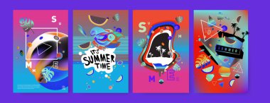 Renkli yaz poster ayarlayın. Tropikal yaz tasarım şablonu ve kapak. Yaz resimde unsurlar ve arka plan 