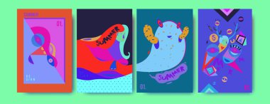 Yaz illüstrasyon poster, kapak ve reklam için kümesi. Retro ve vintage yaz tasarlamak. Yaz tatil arka plan şablonu 