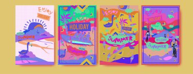 Yaz illüstrasyon poster, kapak ve reklam için kümesi. Retro ve vintage yaz tasarlamak. Yaz tatil arka plan şablonu 