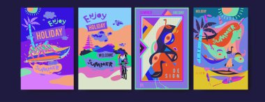 Yaz illüstrasyon poster, kapak ve reklam için kümesi. Retro ve vintage yaz tasarlamak. Yaz tatil arka plan şablonu 