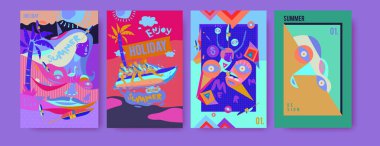 Yaz illüstrasyon poster, kapak ve reklam için kümesi. Retro ve vintage yaz tasarlamak. Yaz tatil arka plan şablonu 