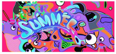 Yaz afiş renkli doodle arka plan ile. Olay ve satış promosyon posteri için tasarım şablonu.