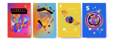 Renkli yaz poster ayarlayın. Tropikal yaz tasarım şablonu ve kapak. Yaz resimde unsurlar ve arka plan 