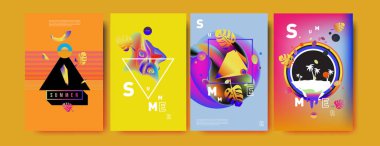 Renkli yaz poster ayarlayın. Tropikal yaz tasarım şablonu ve kapak. Yaz resimde unsurlar ve arka plan 