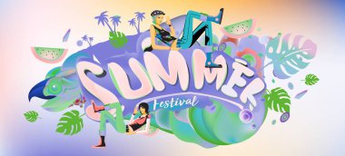 Yaz afiş renkli doodle arka plan ile. Olay ve satış promosyon posteri için tasarım şablonu.