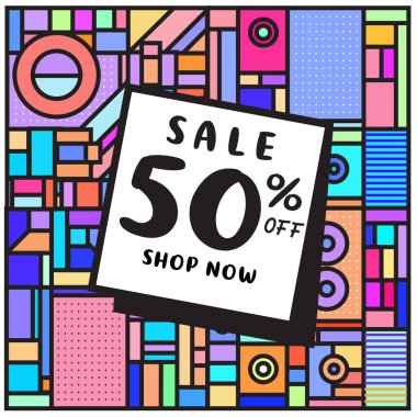 Tatil Satılık memphis tarzı web afiş. Moda ve seyahat poster indirim. Vektör tatil soyut renkli resimde kampanya ve promosyon.