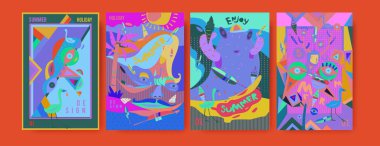 Yaz illüstrasyon poster, kapak ve reklam için kümesi. Retro ve vintage yaz tasarlamak. Yaz tatil arka plan şablonu 