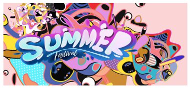 Yaz afiş renkli doodle arka plan ile. Olay ve satış promosyon posteri için tasarım şablonu.