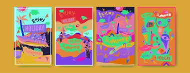 Yaz illüstrasyon poster, kapak ve reklam için kümesi. Retro ve vintage yaz tasarlamak. Yaz tatil arka plan şablonu 