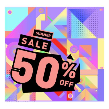 Yaz satış memphis tarzı web afiş. Moda ve seyahat poster indirim. Vektör tatil soyut renkli resimde kampanya ve promosyon.
