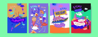 Yaz illüstrasyon poster, kapak ve reklam için kümesi. Retro ve vintage yaz tasarlamak. Yaz tatil arka plan şablonu 