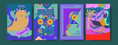 Yaz illüstrasyon poster, kapak ve reklam için kümesi. Retro ve vintage yaz tasarlamak. Yaz tatil arka plan şablonu 