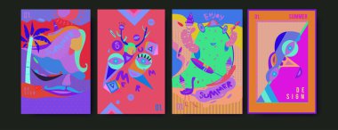 Yaz illüstrasyon poster, kapak ve reklam için kümesi. Retro ve vintage yaz tasarlamak. Yaz tatil arka plan şablonu 