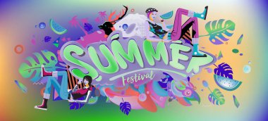 Yaz afiş renkli doodle arka plan ile. Olay ve satış promosyon posteri için tasarım şablonu.