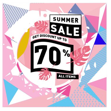 Yaz satış memphis tarzı web afiş. Moda ve seyahat poster indirim. Vektör tatil soyut renkli resimde kampanya ve promosyon.