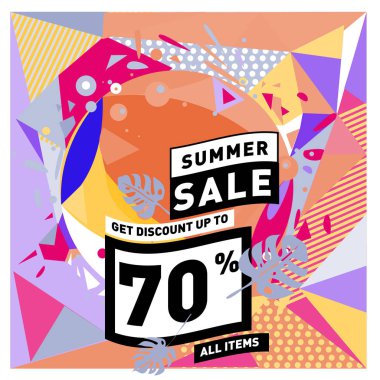 Yaz satış memphis tarzı web afiş. Moda ve seyahat poster indirim. Vektör tatil soyut renkli resimde kampanya ve promosyon.