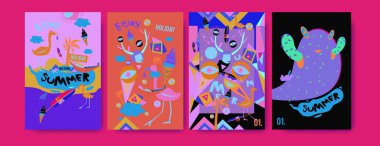 Yaz illüstrasyon poster, kapak ve reklam için kümesi. Retro ve vintage yaz tasarlamak. Yaz tatil arka plan şablonu 