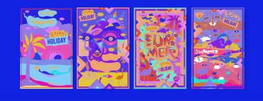 Yaz illüstrasyon poster, kapak ve reklam için kümesi. Retro ve vintage yaz tasarlamak. Yaz tatil arka plan şablonu 