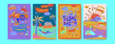 Yaz illüstrasyon poster, kapak ve reklam için kümesi. Retro ve vintage yaz tasarlamak. Yaz tatil arka plan şablonu 