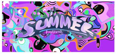 Yaz afiş renkli doodle arka plan ile. Olay ve satış promosyon posteri için tasarım şablonu.