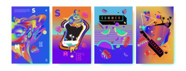 Renkli yaz poster ayarlayın. Tropikal yaz tasarım şablonu ve kapak. Yaz resimde unsurlar ve arka plan 