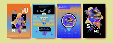 Renkli yaz poster ayarlayın. Tropikal yaz tasarım şablonu ve kapak. Yaz resimde unsurlar ve arka plan 