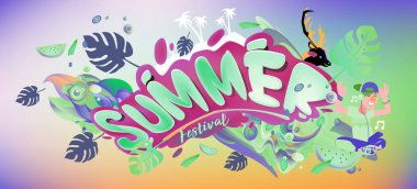 Yaz afiş renkli doodle arka plan ile. Olay ve satış promosyon posteri için tasarım şablonu.