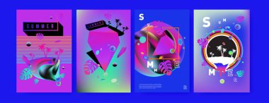 Renkli yaz poster ayarlayın. Tropikal yaz tasarım şablonu ve kapak. Yaz resimde unsurlar ve arka plan 