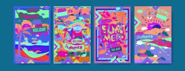 Yaz illüstrasyon poster, kapak ve reklam için kümesi. Retro ve vintage yaz tasarlamak. Yaz tatil arka plan şablonu 