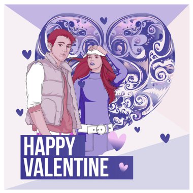 Vektör erkek ve kadın mutlu aile çift aşık. Poster Sevgililer günü tebrik kartı. Yıldönümü kutlamaları için mutlu aile illüstrasyon.