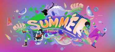 Yaz afiş renkli doodle arka plan ile. Olay ve satış promosyon posteri için tasarım şablonu.