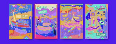 Yaz illüstrasyon poster, kapak ve reklam için kümesi. Retro ve vintage yaz tasarlamak. Yaz tatil arka plan şablonu 