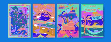 Yaz illüstrasyon poster, kapak ve reklam için kümesi. Retro ve vintage yaz tasarlamak. Yaz tatil arka plan şablonu 