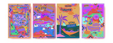 Yaz illüstrasyon poster, kapak ve reklam için kümesi. Retro ve vintage yaz tasarlamak. Yaz tatil arka plan şablonu 