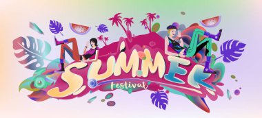 Yaz afiş renkli doodle arka plan ile. Olay ve satış promosyon posteri için tasarım şablonu.
