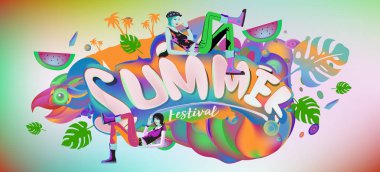 Yaz afiş renkli doodle arka plan ile. Olay ve satış promosyon posteri için tasarım şablonu.