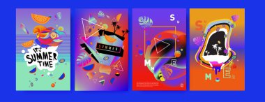 Renkli yaz poster ayarlayın. Tropikal yaz tasarım şablonu ve kapak. Yaz resimde unsurlar ve arka plan 