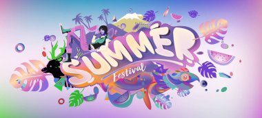 Yaz afiş renkli doodle arka plan ile. Olay ve satış promosyon posteri için tasarım şablonu.