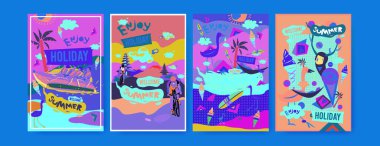 Yaz illüstrasyon poster, kapak ve reklam için kümesi. Retro ve vintage yaz tasarlamak. Yaz tatil arka plan şablonu 
