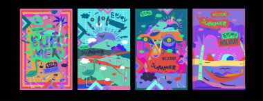 Yaz illüstrasyon poster, kapak ve reklam için kümesi. Retro ve vintage yaz tasarlamak. Yaz tatil arka plan şablonu 