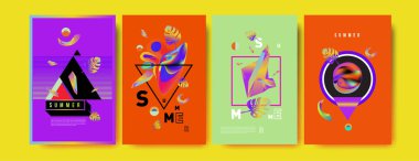 Renkli yaz poster ayarlayın. Tropikal yaz tasarım şablonu ve kapak. Yaz resimde unsurlar ve arka plan 