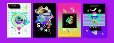 Renkli yaz poster ayarlayın. Tropikal yaz tasarım şablonu ve kapak. Yaz resimde unsurlar ve arka plan 