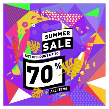 Yaz satış memphis tarzı web afiş. Moda ve seyahat poster indirim. Vektör tatil soyut renkli resimde kampanya ve promosyon.