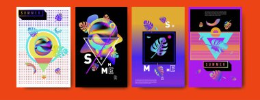 Renkli yaz poster ayarlayın. Tropikal yaz tasarım şablonu ve kapak. Yaz resimde unsurlar ve arka plan 