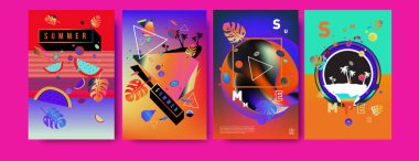Renkli yaz poster ayarlayın. Tropikal yaz tasarım şablonu ve kapak. Yaz resimde unsurlar ve arka plan 